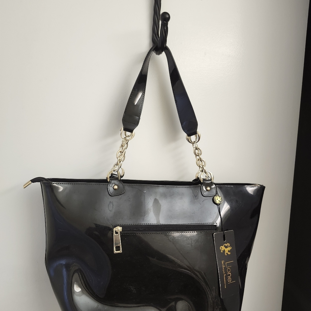Lionel brand, black patent leather handbag